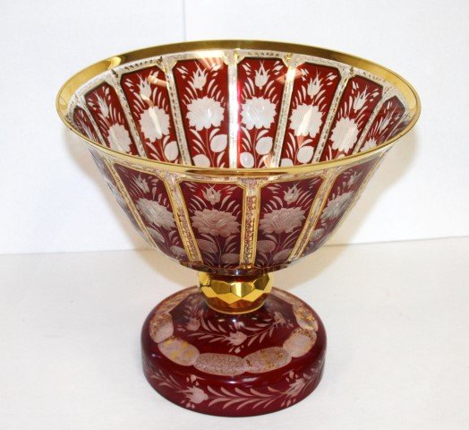 Bohemian Glass Center Bowl on Pedestal, Red: wheel cut glass red to clear, gold accent trim, has 2 rim nicks, size 9.25 height, 10.25 diameter.