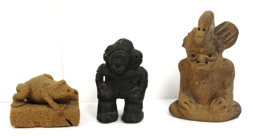 3 pc Lot: 2 Pre-Columbian Figures, Frog Paperweight (1 of 3)