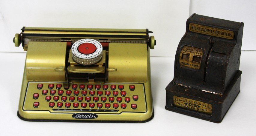 Miscellaneous Vintaga Toy Lot: Berwin typewriter; Uncle Sam's cash register; 6in. - 10in.
