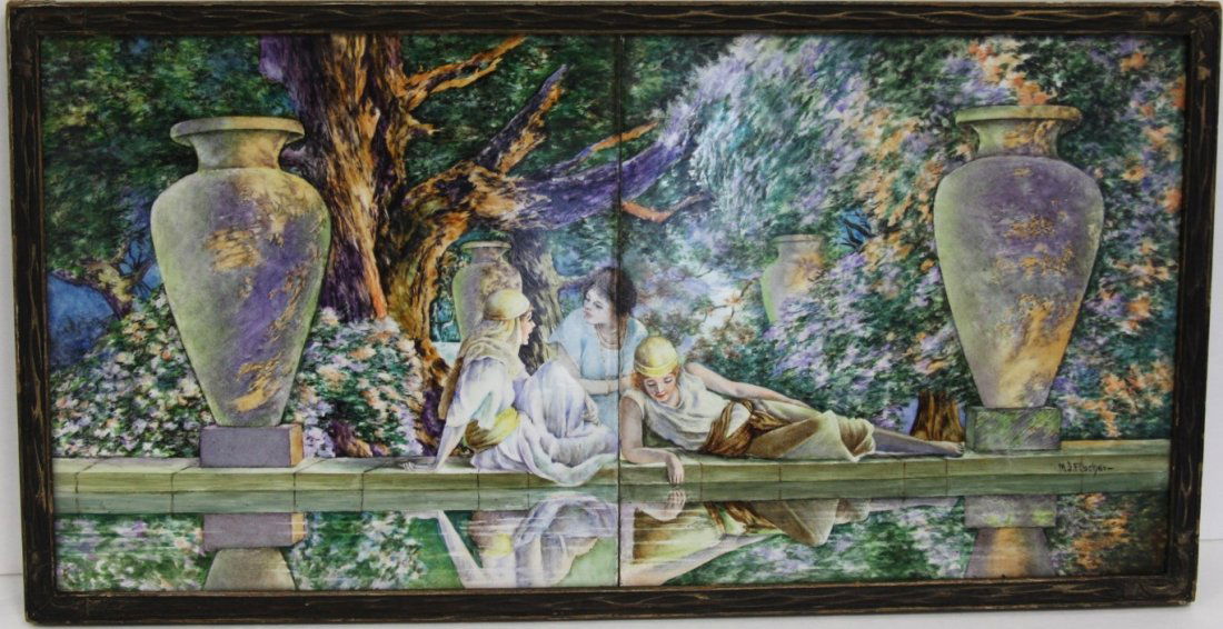 M.J. Fischer; Framed Hand Painted Tile Signed: Hand painted two(2) section tile plaque. Depicting Young Girls in a Garden after Maxfield Parrish. Signed l.r.; 10.75in. X 20.75in.
