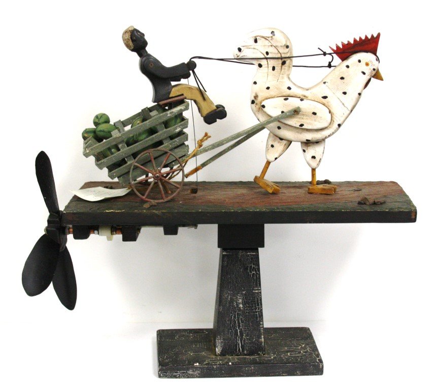 Folk Art Painted Wood Whirlygig: Limited edition painted wood whirlygig. The Watermelon Cart Artist signed T.B. Alfred, dated 1999 and numbered 6/20; 19in.H. x 20in.W.