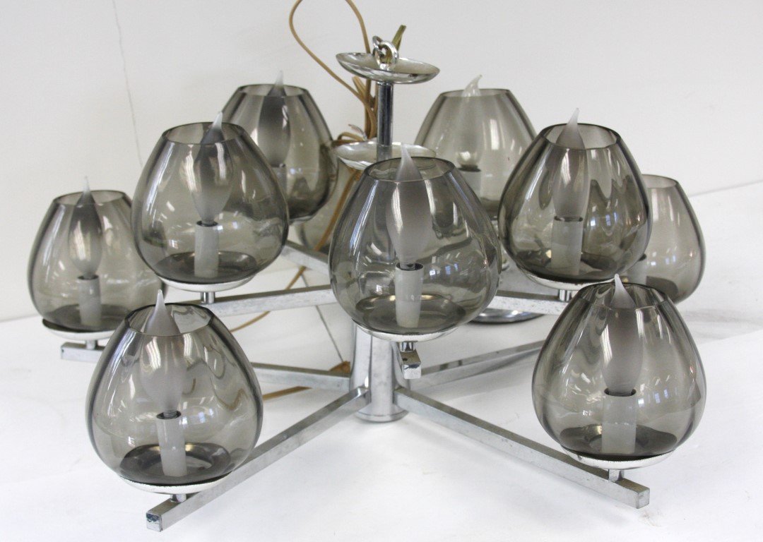 Mid Century Chrome and Glass Chandelier: Chrome ten(10) arm chandelier. Smoke glass shades. Probably by Sonneman; 30in.H.(drop) x 24in.D.
