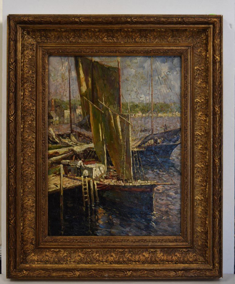 20thC. American School; Oil Gloucester Harbor (1 of 3)