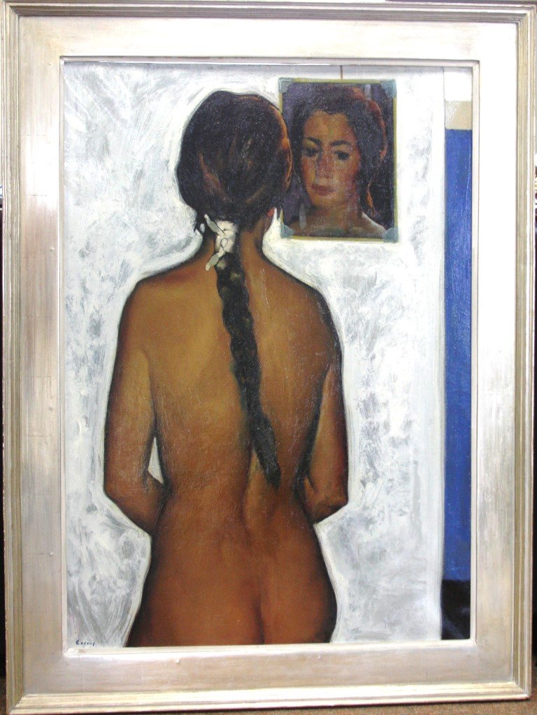 Jesus Mecko Casaus; 20thC. Spainish Oil Painting Signed: Oil on canvas, Reflexion. Signed l.l. Gallery stamp on reverse. Accompanied by 1994 Alcolea Exhibition catalogue. Includes a felt tip pen sketch by the artist on inside cover of catalogue; 36.5in. X 2