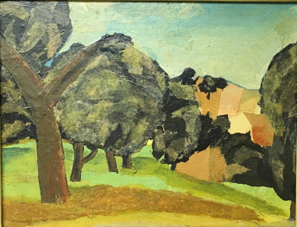 Ethel Magafan; American Oil Painting Woodstock, NY: Oil on board, House in a Landscape(Woodstock, NY). Inscribed on reverse; 13.5in. X 17.5in.