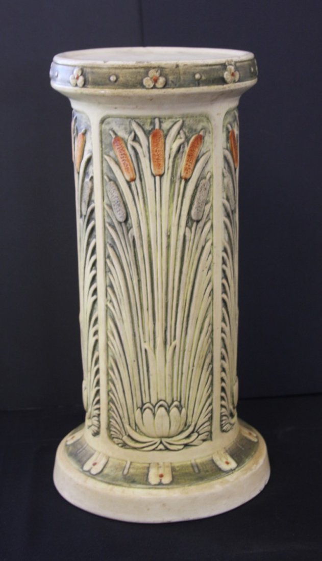 Weller Molded Pottery Pedestal: Matte glazed pottery pedestal. Cattail decoration; 20in.H. x 10in.D.(base)