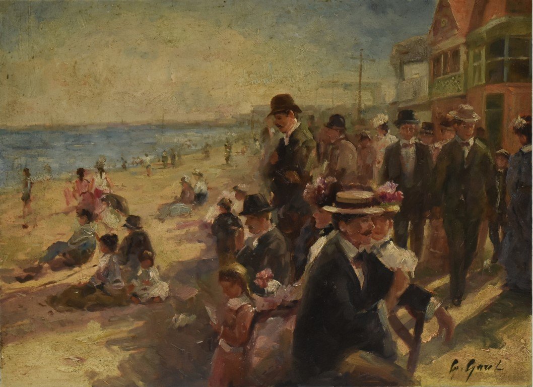 Gilbert Gaul(attributed to); Oil Painting Signed: Oil on copper, A Day at the Beach. Signed l.r.; 11.75in. X 16.25in.