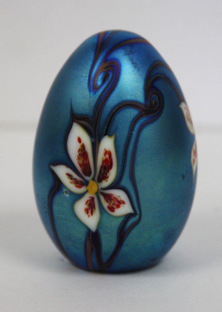 Orient and Flume Art Glass Paperweight Signed: Art glass paperweight. Floral design. Signed; 3.25in.H.