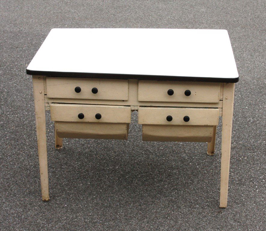 Enameled Top Baker's Table: Country Baker's table. Enamel top; 29.5in.H. x 40in.W. x 28in.D.