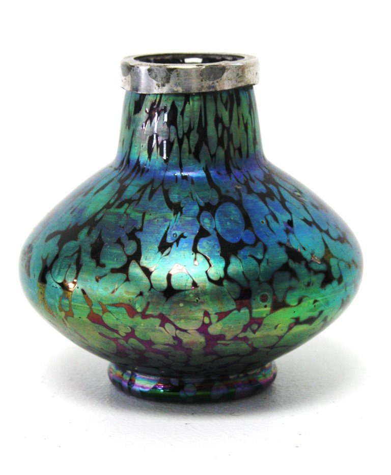 Loetz Art Glass Vase: Iridescent art glass vase. Oil spot deocration. Silvered rim; 5in.H. x 4.75in.W.