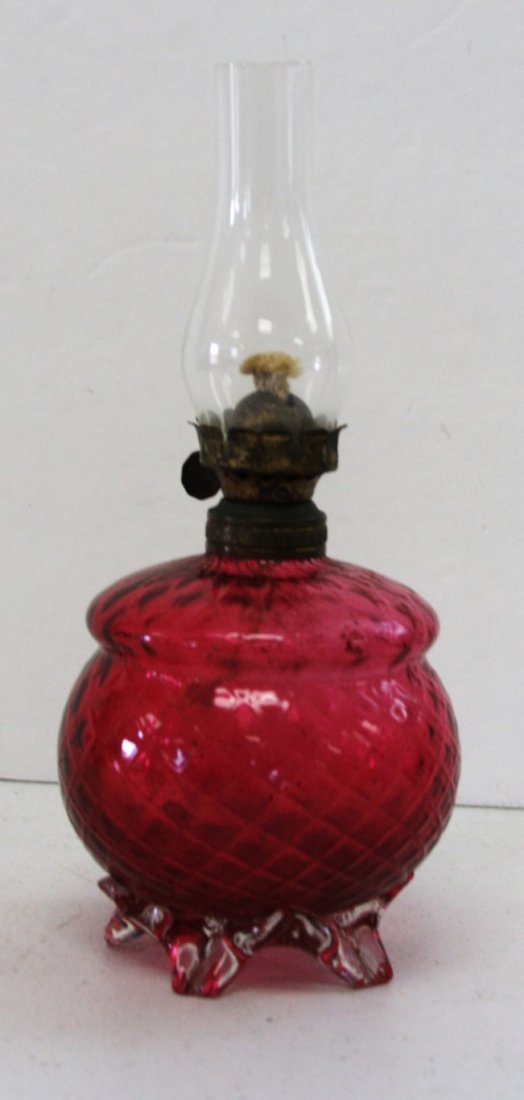 Victorian Miniature Cranberry Glass Oil Lamp (1 of 5)