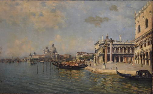 Bernardo Hay; 19thC. Italian Oil Painting Signed: Oil on canvas(mounted on panel), Venice, View of Santa Maria Della Salute. Signed l.r. Original frame and plaquard; 25.5in. X 40.5in.