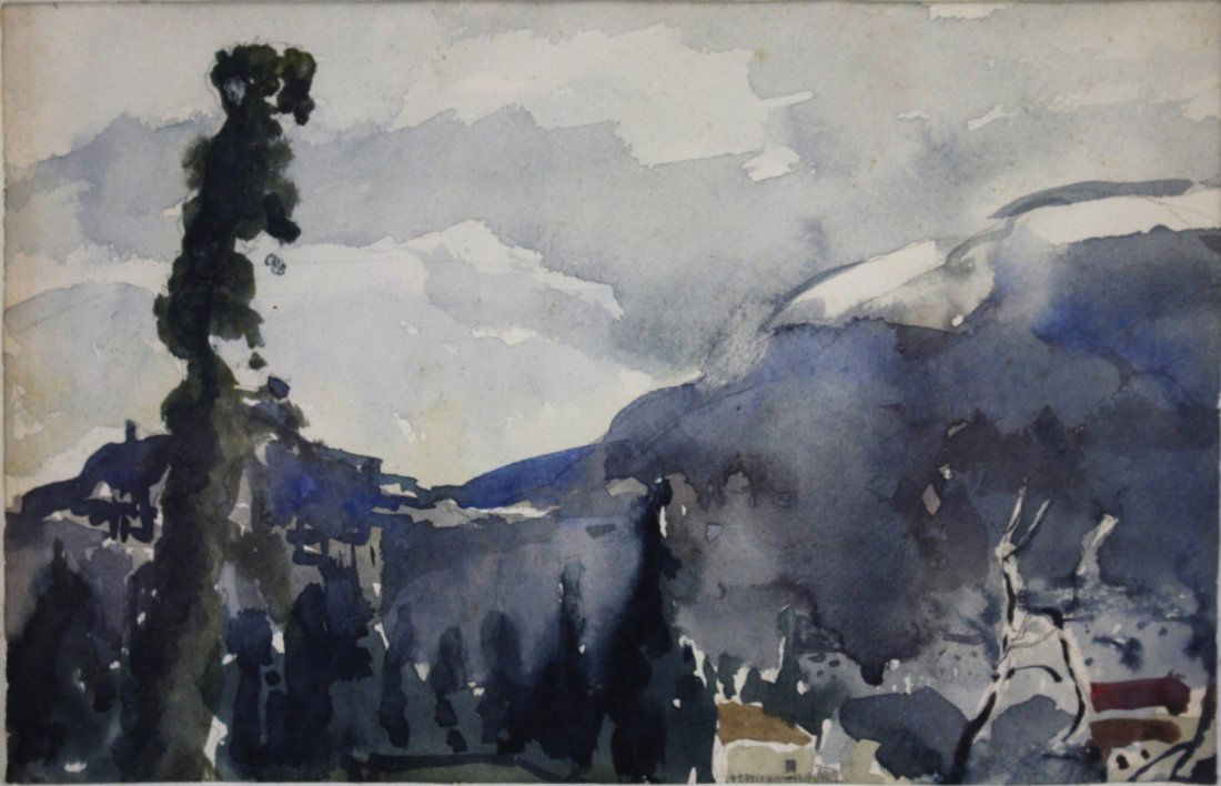 Sandor Bernath; 20thC. American Watercolor Signed: Watercolor on paper, Maine Landscape. Partial signature u.l. and inscribed on reverse; 5.75in. X 9in.(image size)