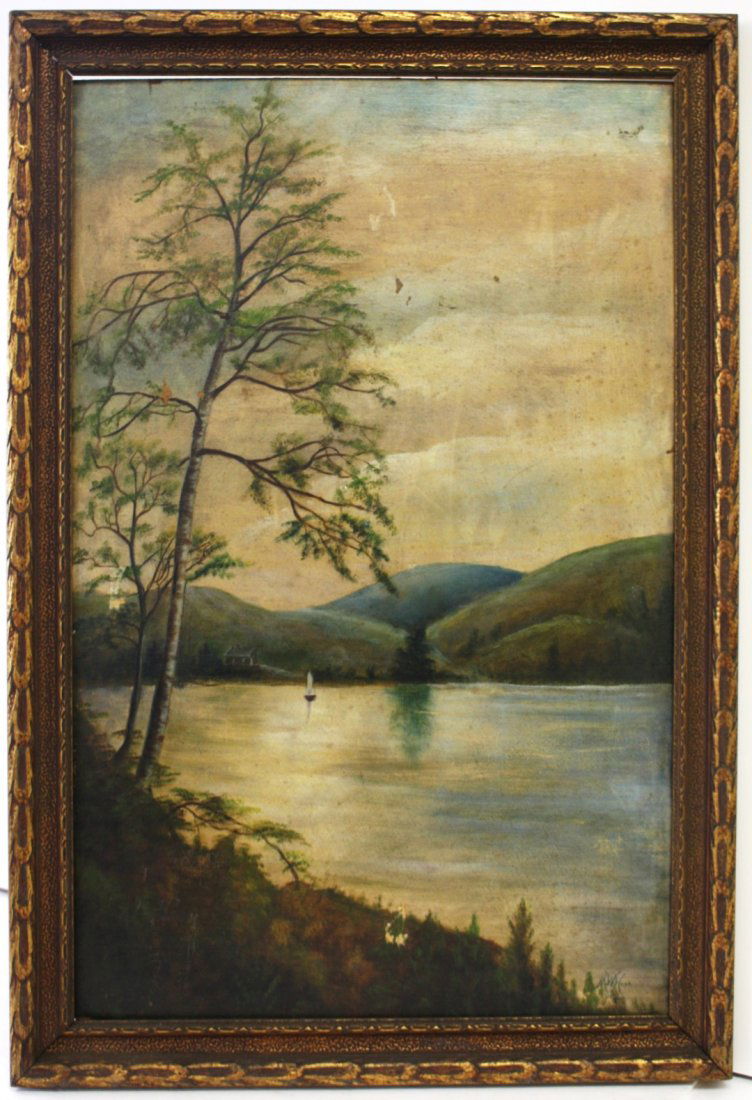 M.W. Hess; 19thC. Oil Painting Signed: Oil on board, Sailboat on a Lake. Signed l.r.; 20in. X 31.5in.