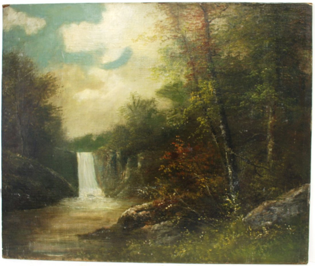 19thC. American School; Oil Landscape with Waterfall (1 of 4)