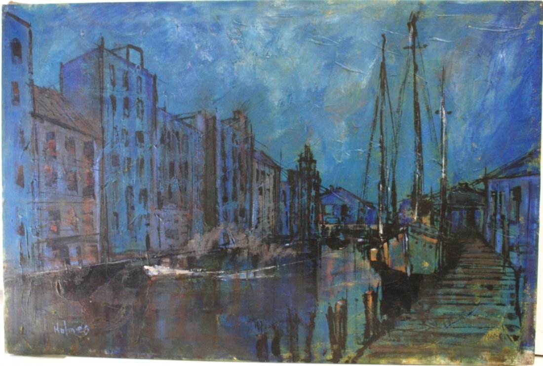 Holmes; 20thC. Modernist Oil Painting Signed: Oil on canvas, Blue Harbor. Signed l.l.; 24in. X 36in.