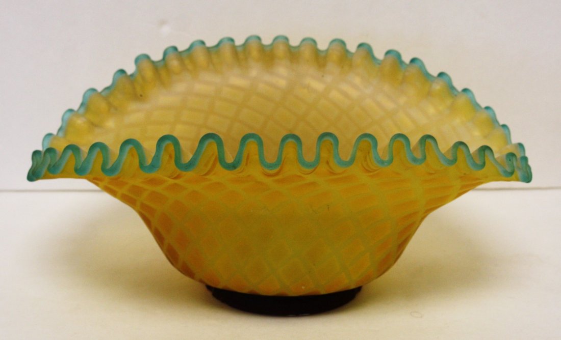 Victorian Mother of Pearl Glass Bowl: Multi colored glass bowl. Diamond quilted decoration; 5in.H. x 11.5in.W.