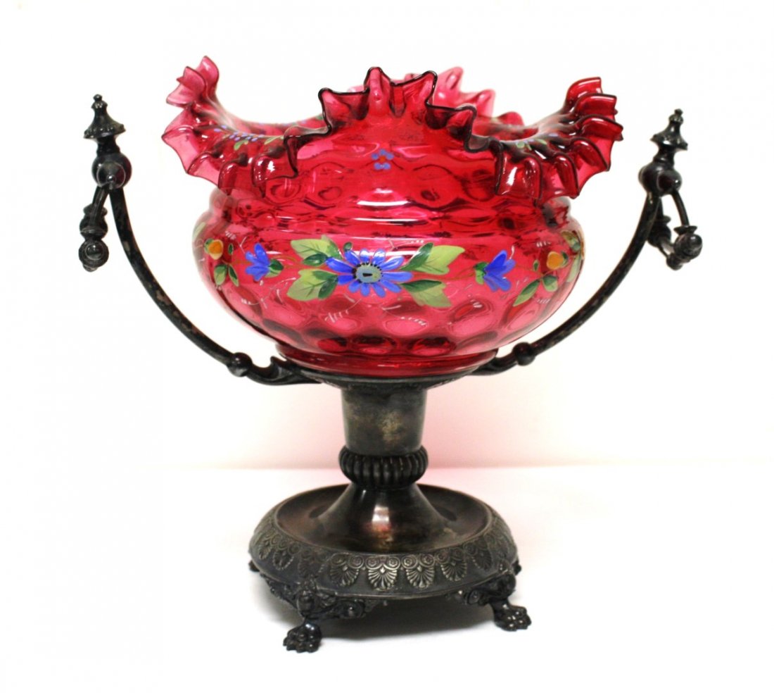 Victorian Cranberry Glass Bride's Bowl with Silverplate (1 of 7)