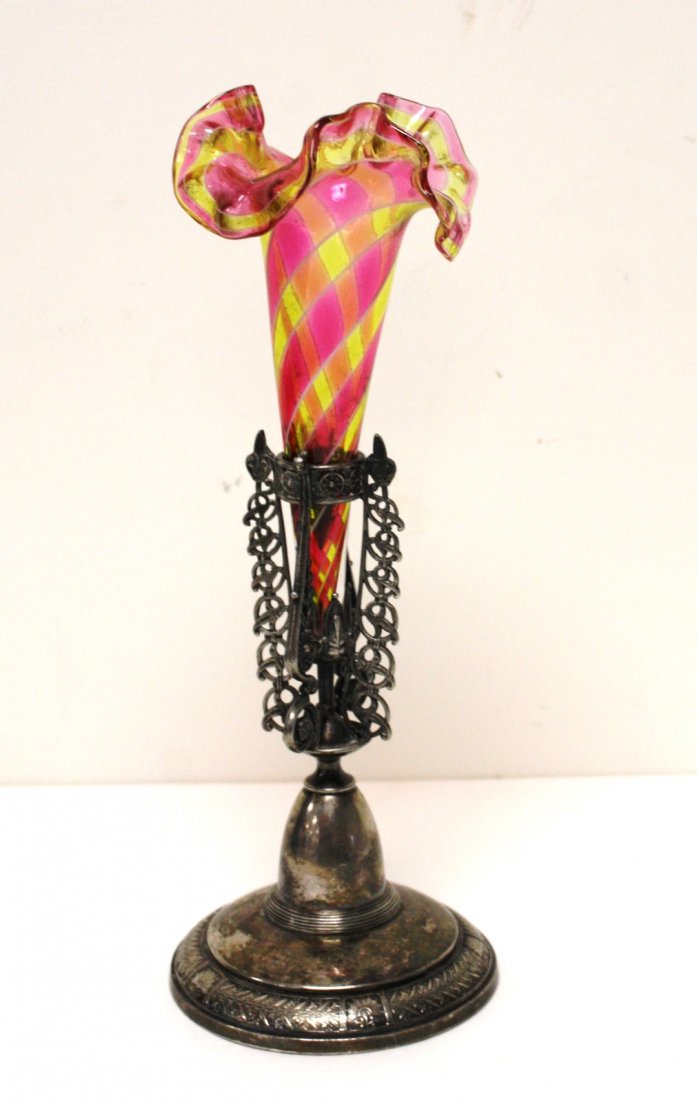 Victorian Silverplate and Glass Epergne: Striped glass epergne. Reed and Barton silverplate holder; 10.25in.H.