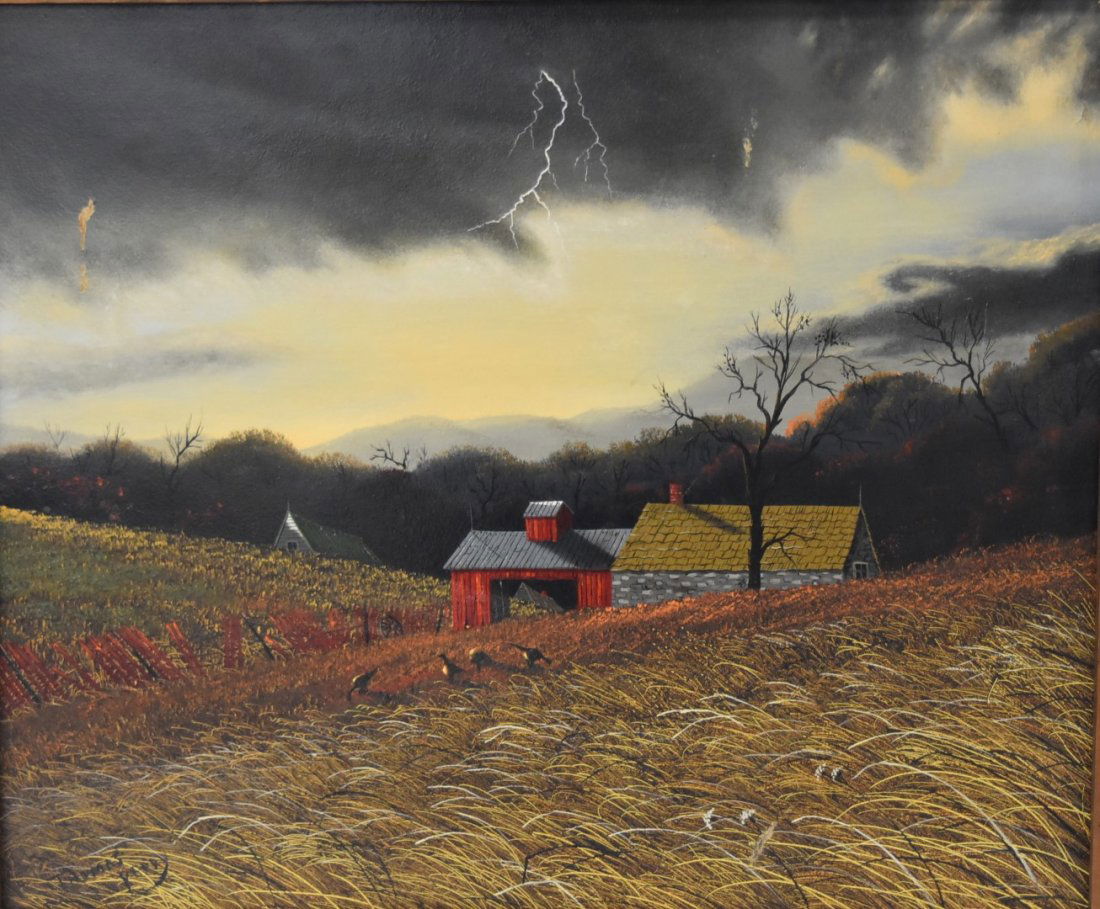 Thomas Kerry; 20thC. American Oil Painting Signed: Oil on masonite, Storm Over the Farm. Signed l.l.; 20in. X 24in.