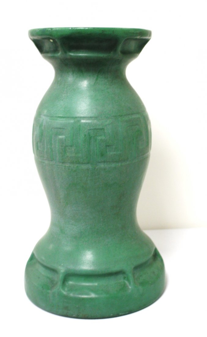 Arts & Crafts Glazed Pottery Pedestal: Green matte glazed pottery pedestal; 20.25in.H. x 11in.W.