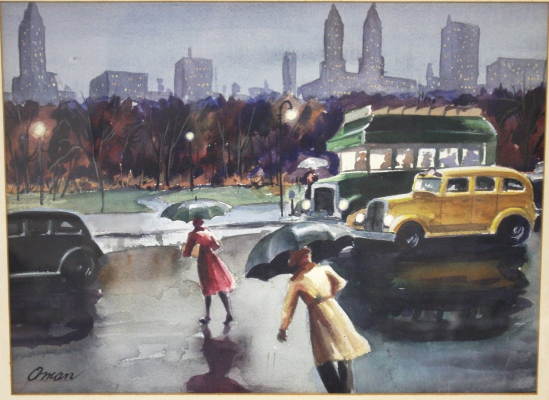 Edwin Louis Oman; American Watercolor Signed: Watercolor on paper, Rainy Day Outside The Plaza. Signed l.l.; 12.5in. X 16.75in.