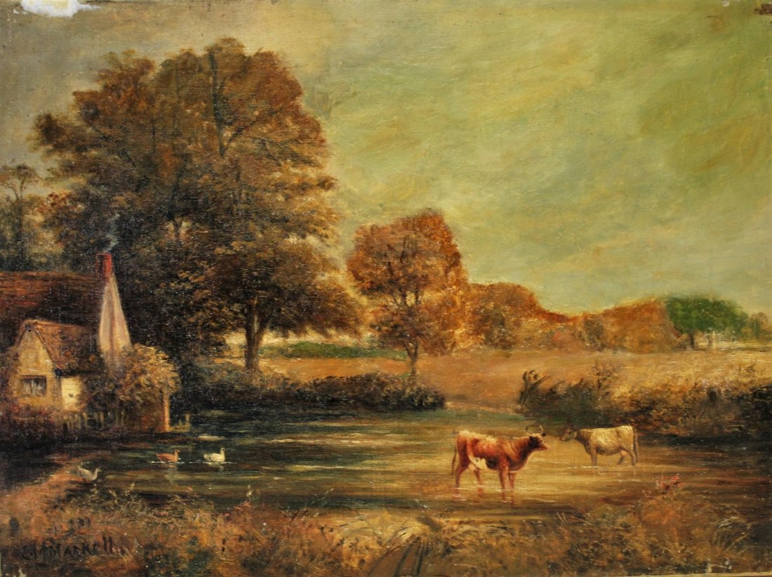 E.M. Maskell; English Oil Painting Signed: Oil on canvas, Cattle Wading in Pond. Sigmed l.l.; 12in. X 16.25in.
