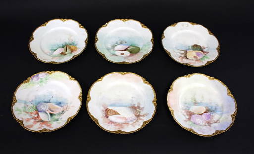 Set of Six(6) Haviland Limoges Porcelain Fish Plates: Set of six(6) hand painted porcelain fish plates. Mollusk decoration. Marked at the underside; 7.5in.D.