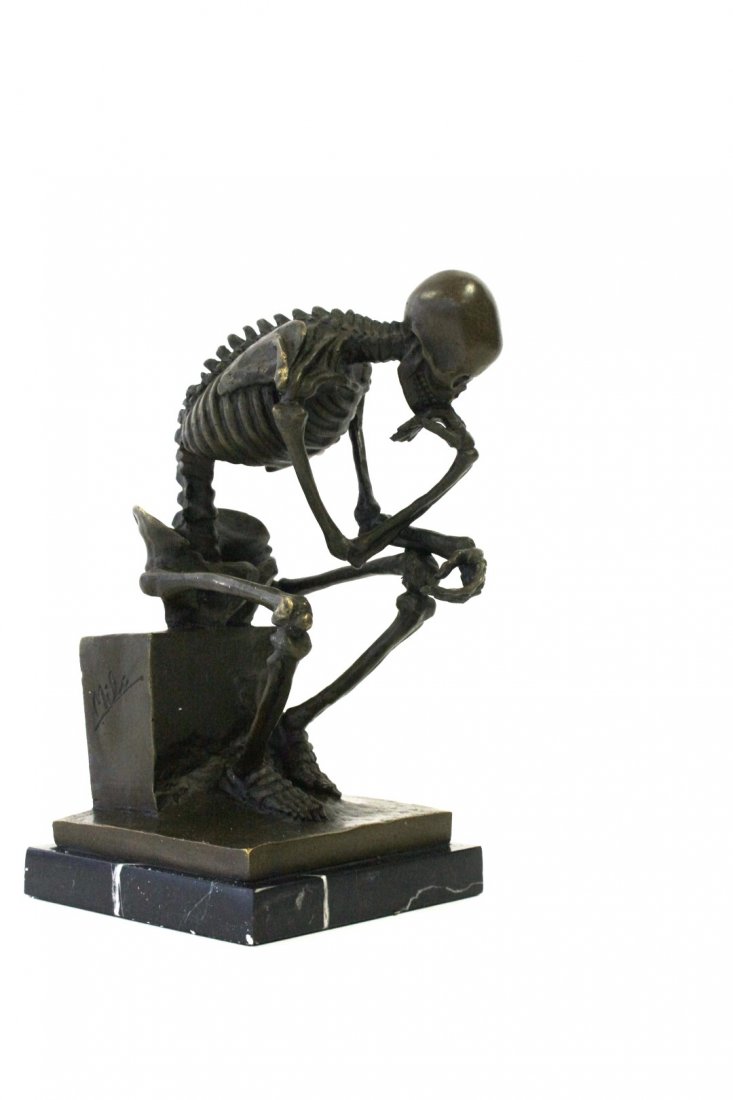 Bronze Grouping - Contemplation: Bronze grouping. Skeleton in Thought. Inscribed Milo. Marble base; 10in.H. x 7in.W.