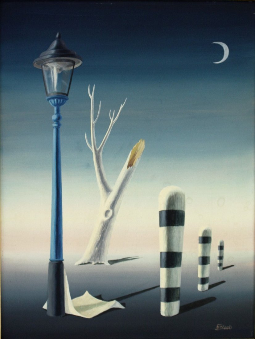 Norman Black; 20thC. Surrealist Oil Painting Signed: Oil on canvas, Surrealist Composition with Lampost. Signed; 16in. X 12in.