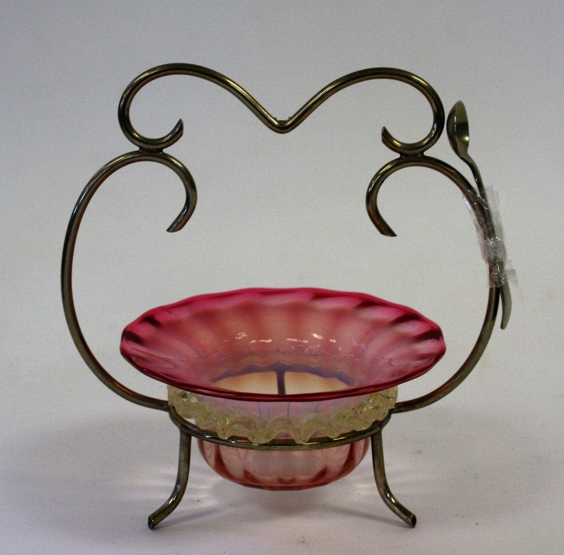 Victorian Cranberry Glass Marmalade: Opalescent cranberry glass marmalade. Silverplate holder and spoon; 7in.H. x 5in.W.