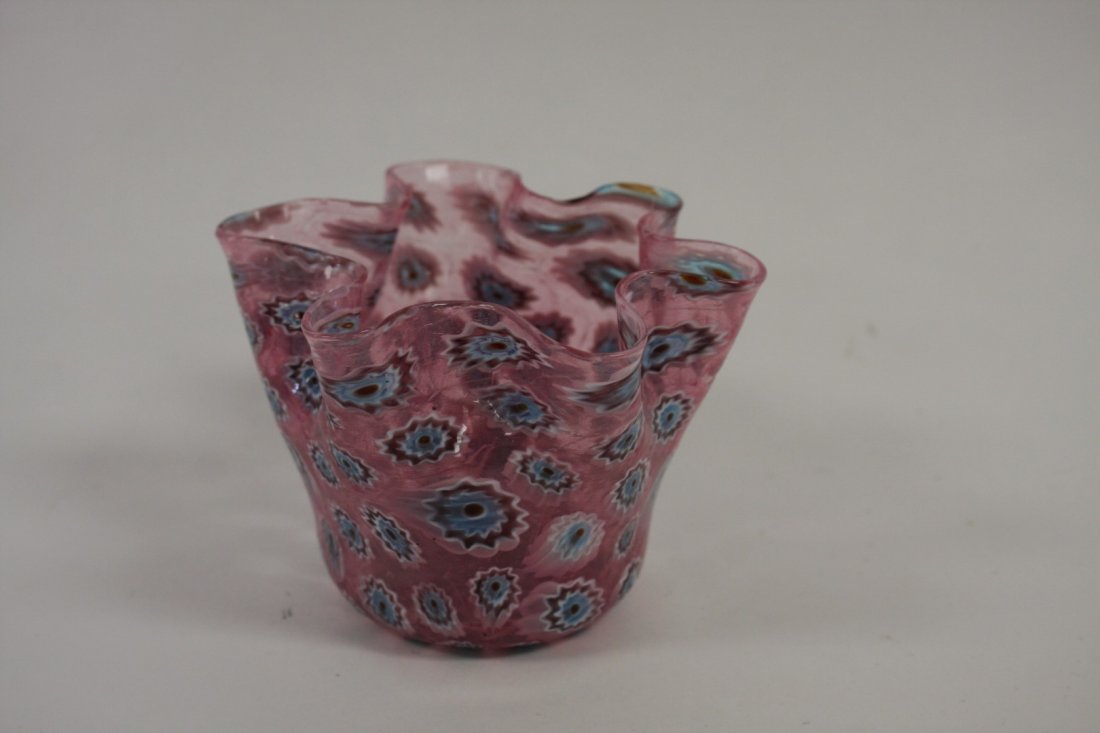 1950's Italian Glass Handkerchief Vase: Art glass handkerchief vase. Decorated with murrini; 3in.H. x 4.25in.W.
