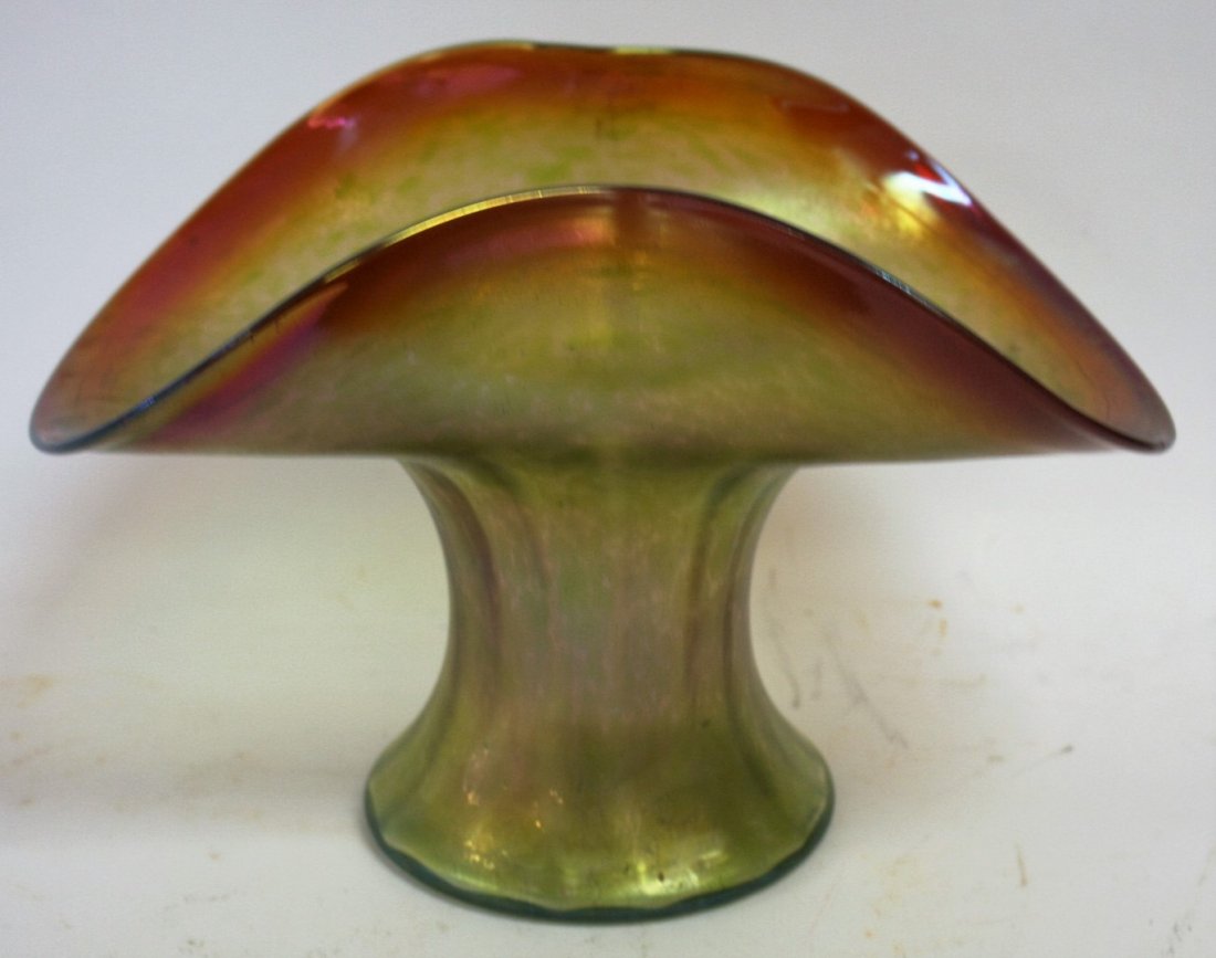 Loetz Style Art Glass Vase: Iridescent art glass flare vase; 7.5in.H. x 10.75in.W.