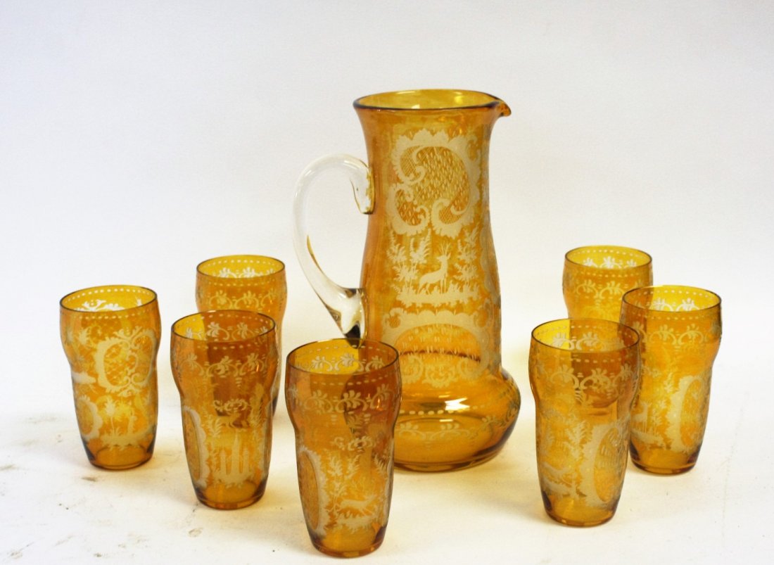 Bohemian Eight(8) Piece Etched Glass Lemonade Set (1 of 7)