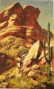 Shannon Stirnweis; 20thC. American Illustration: Oil on board. Scouts Among Desert Rocks; 13in. X 8in.(image size)