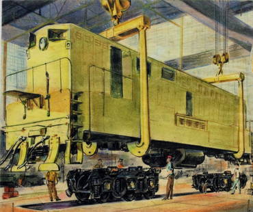 Shannon Stirnweis; 20thC. American Illustration: Colored pencil on paper. Illustration for Locomotive Assembly Line; 7.25in. X 8.5in.(image size)