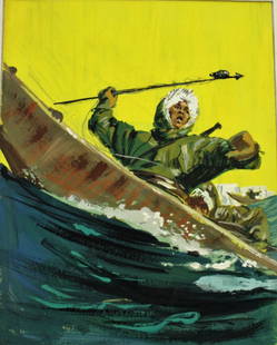 Shannon Stirnweis; 20thC. American Illustration: Gouache on board. Story Illustration. Eskimo Spear Fishing; 10.75in. X 8.5in.(image size)