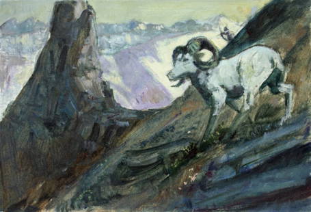 Shannon Stirnweis; 20thC. American Illustration: Oil on board. Hunting Longhorn Sheep; 8.5in. X 12.5in.(image size)