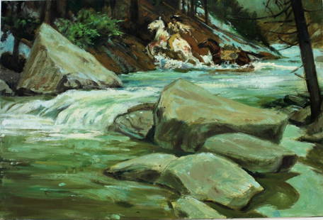 Shannon Stirnweis; 20thC. American Illustration: Oil on board. The River Crossing; 12in. X 18in.