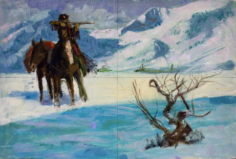 Shannon Stirnweis; 20thC. American Illustration: Oil on boar. Western Story Illustration sketch. Cowboy Hunting in Winter; 12in. X 18in.