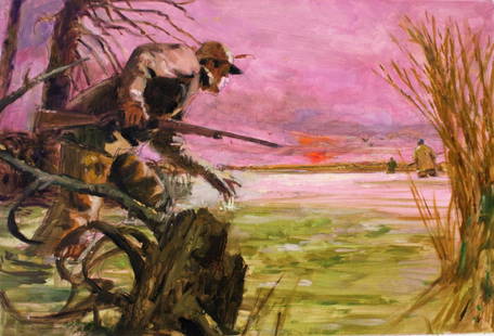 Shannon Stirnweis; 20thC. American Illustration: Oil on board. Advertising Illustration. Duck Hunting in a Marsh; 11in. X 16.25in.