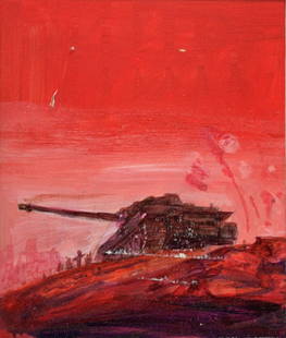 Shannon Stirnweis; 20thC. American Illustration: Gouache on board. War Story Illustration. Tank on a Hillside; 6.5in. X 5.5in.(image size)