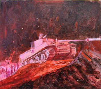 Shannon Stirnweis; 20thC. American Illustration: Gouache on board. War Story Illustration. Tank Firing on a Hillside;5.25in. X 5.75in.(image size)