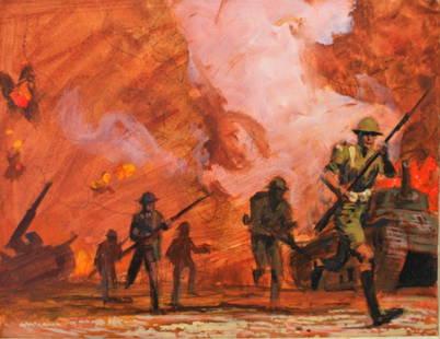 Shannon Stirnweis; 20thC. American Illustration: Gouache on board. War Story Illustration. Soldiers Advancing Amidst Tank Fire; 7in. X 9in.