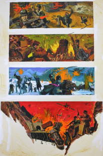 Shannon Stirnweis; 20thC. American Illustration: Gouache on board. War Story Illustration. Four(4) Vignettes; 15in. X 10in.(image size)