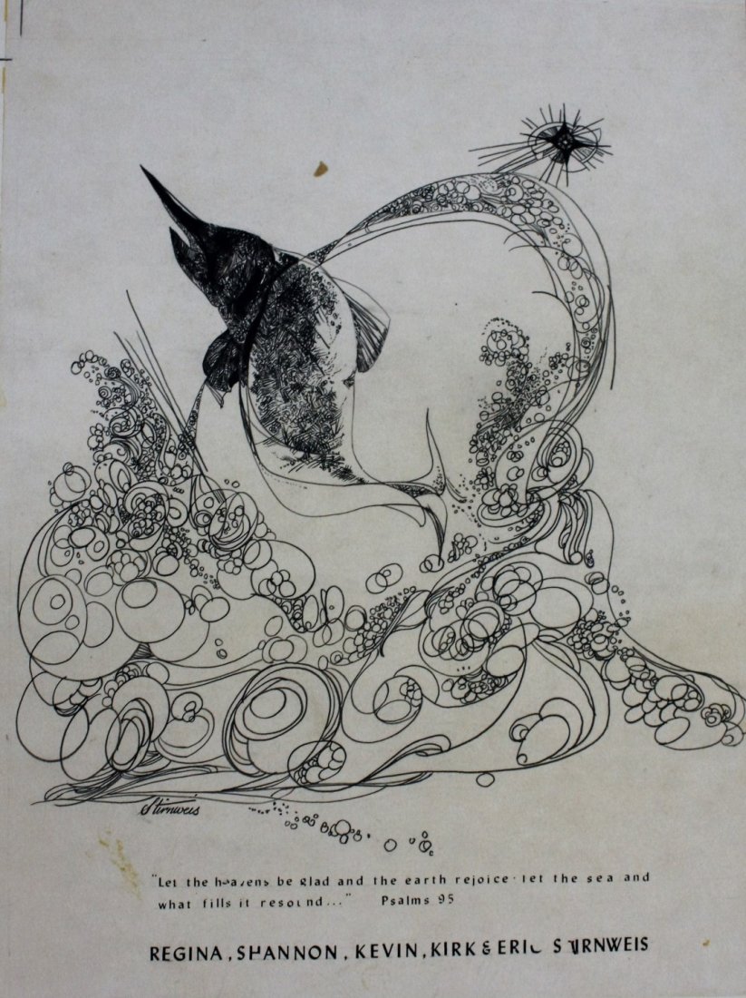 Shannon Stirnweis; 20thC. American Illustration: Ink on paper(mounted on board). Greeting Card Illustration. Depicting a fish rising from the sea. Inscribed "Let the heavens be glad and the earth rejoice let the sea and what fills it resound…" Psa