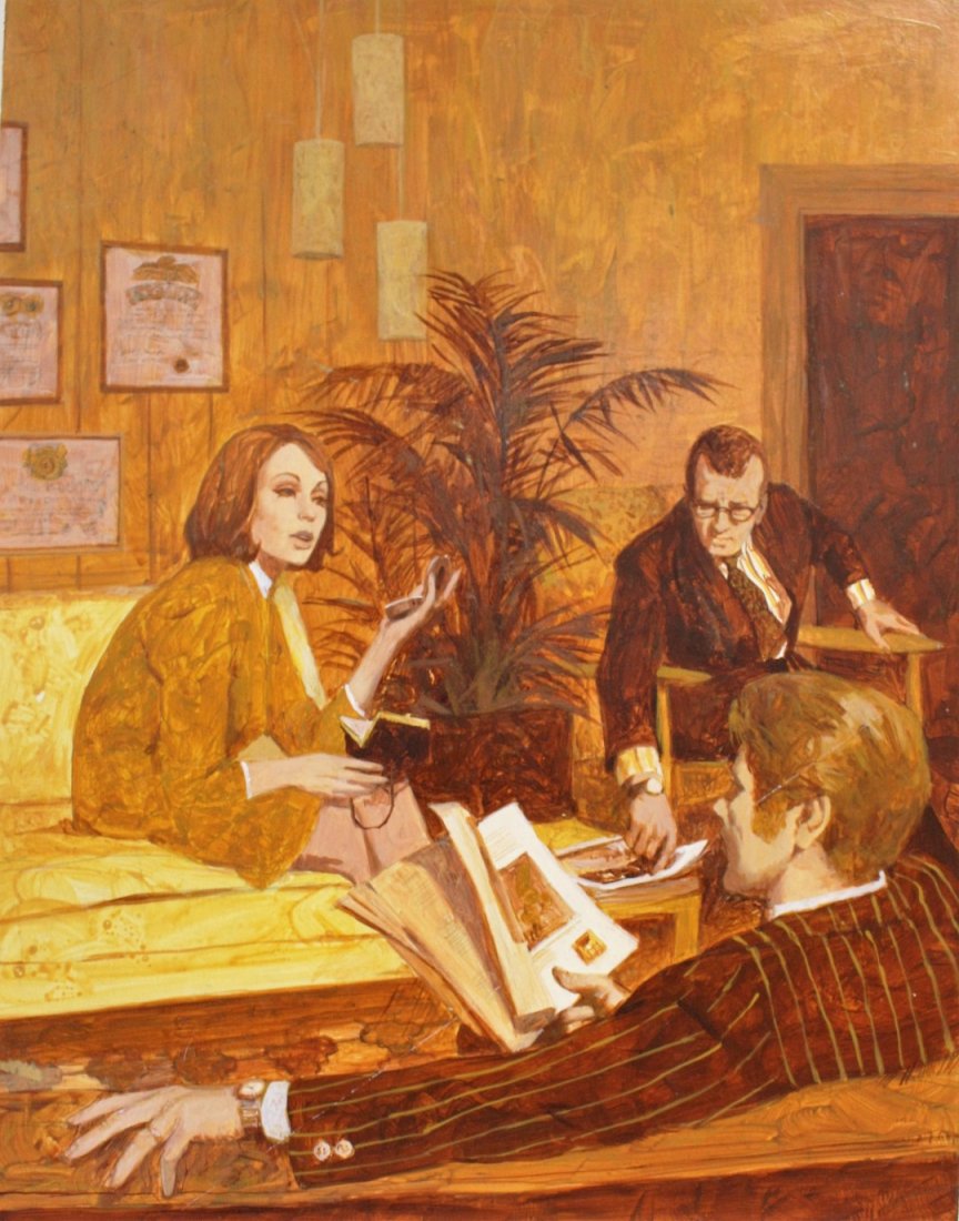 Shannon Stirnweis; 20thC. American Illustration: Tempera on board. Story Illustration. Office Scene; 17in. X 13.25in.(image size)