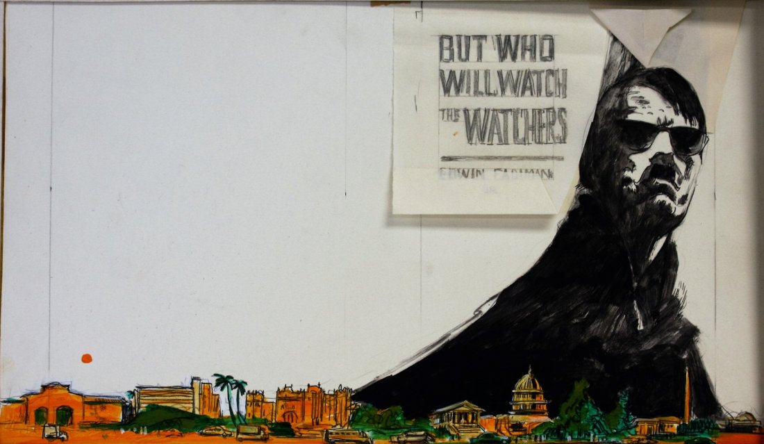 Shannon Stirnweis; 20thC. American Illustration: Miixed media on board. Book Jacket Comp - But Who Will Watch the Watchers by Edwin Fadiman Jr.; 8.5in. X 14.25in.(image size)