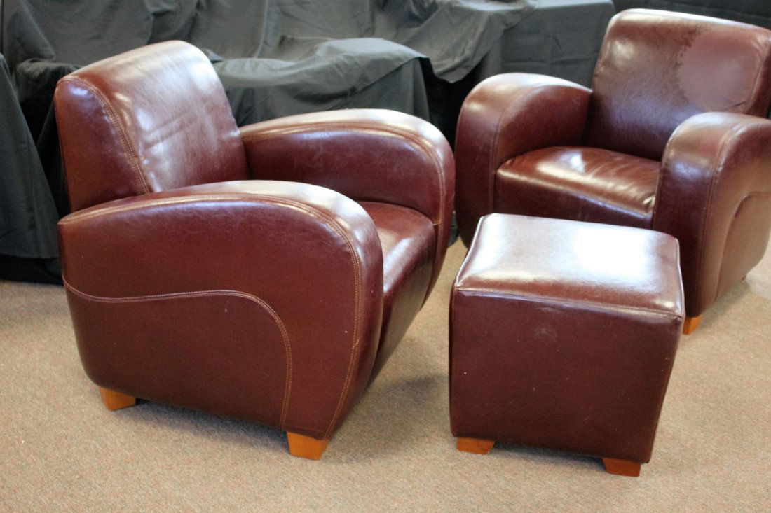 Art Deco Style Leather Club Chairs and Ottoman Set (1 of 6)
