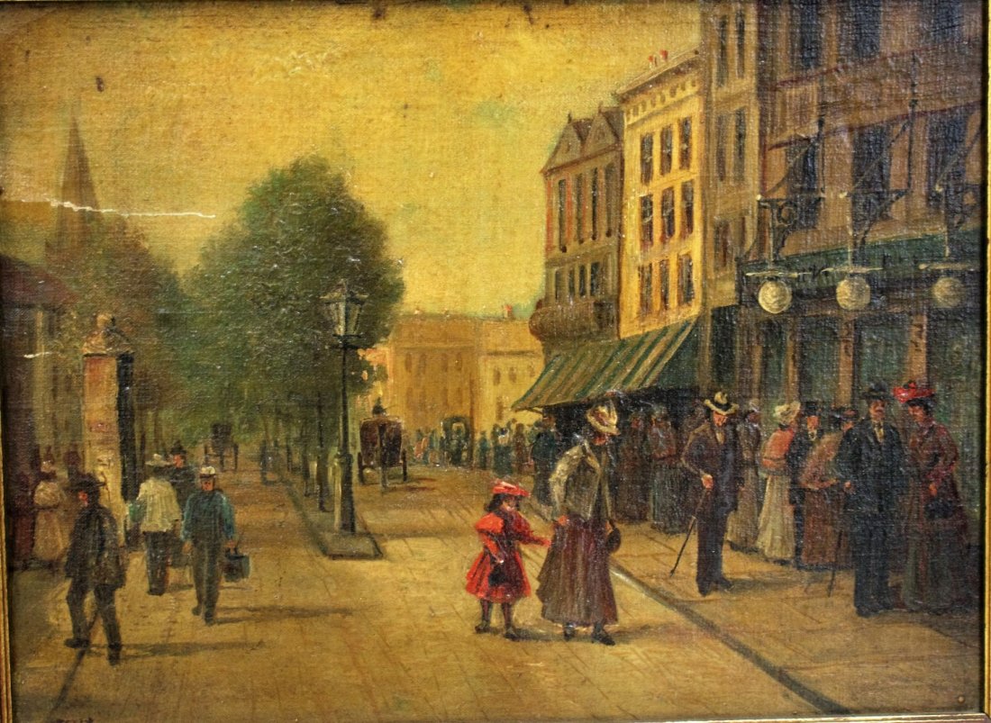 Felix; 20thC. French Oil Street Scene Signed: Oil on board. Parisian Street Scene with Figures. Signed l.l.; 9in. x 12in.